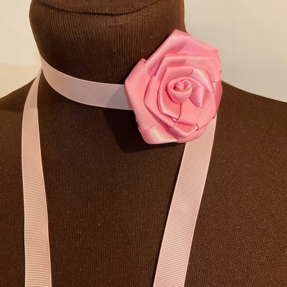 Hand Crafted Floral Choker Necklace Pink Ribbon Ties Flower Choker Wrap - Picture 2 of 11